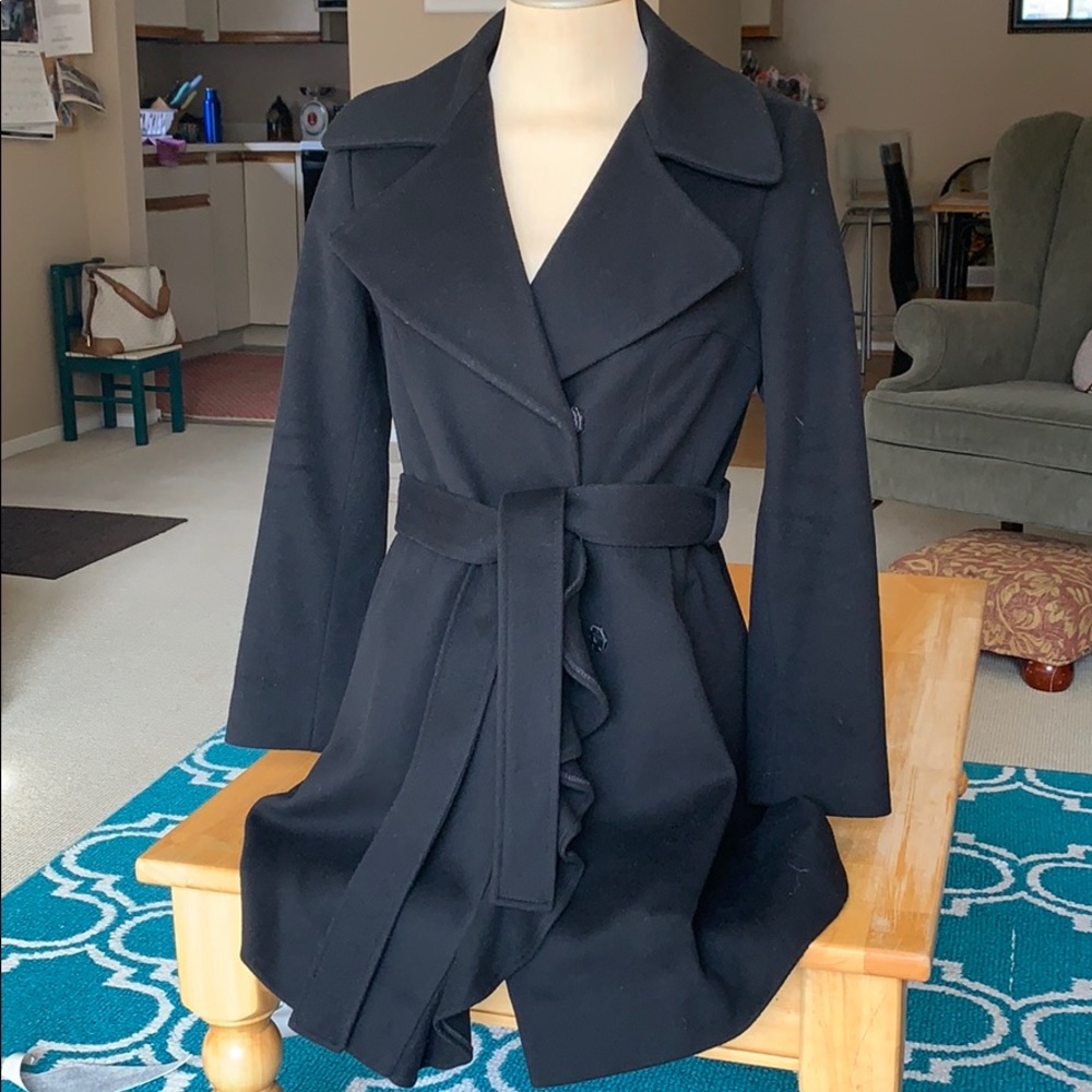 Black Tahari 100% wool lined, belted wrap coat